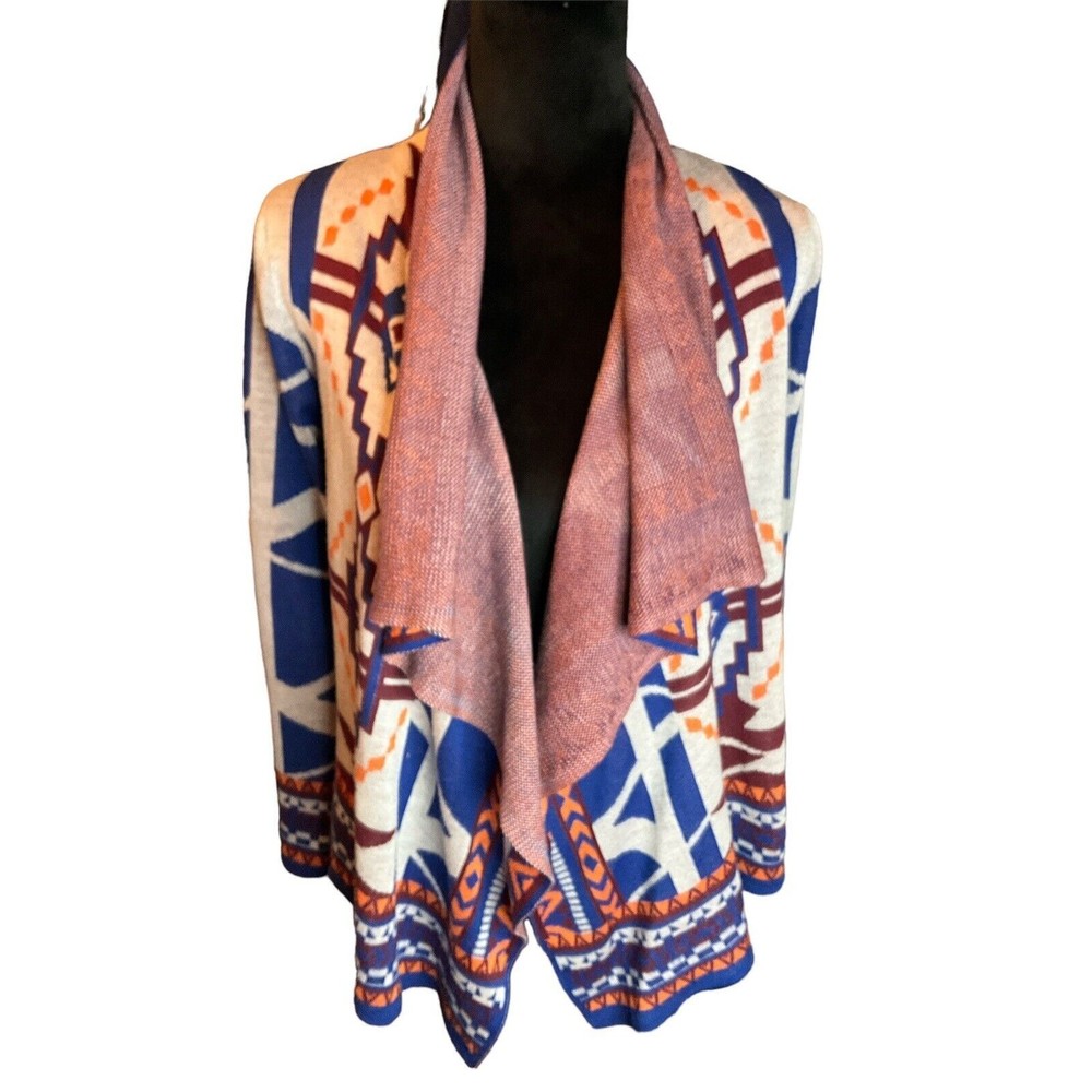 Flying Tomato Womens Cardigan Size Small Aztec Print Tan/Navy/Orange Open‎ Front